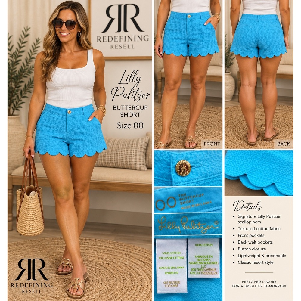 Lilly Pulitzer Buttercup Scallop Hem Shorts Turquoise Blue Textured Cotton 00